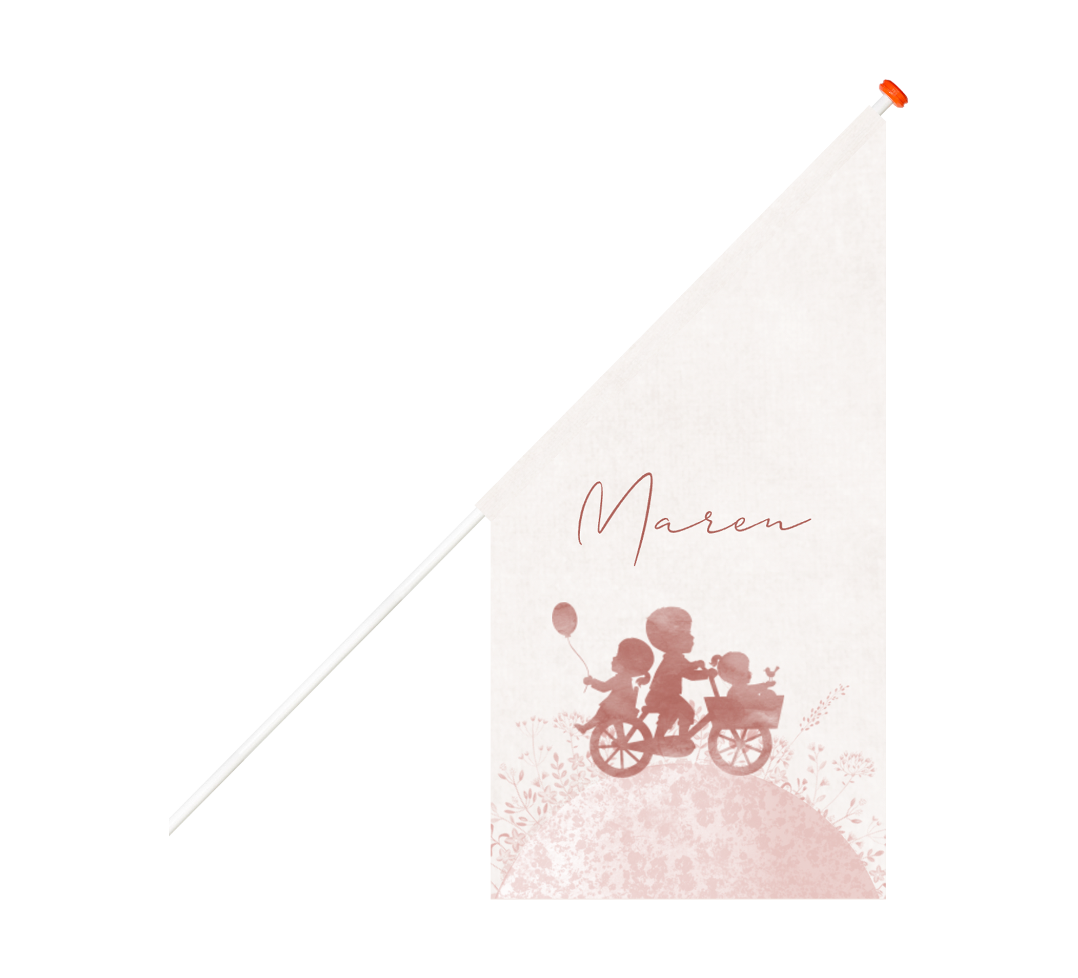 Geboortevlag met roze watercolour en silhouetjes op fiets