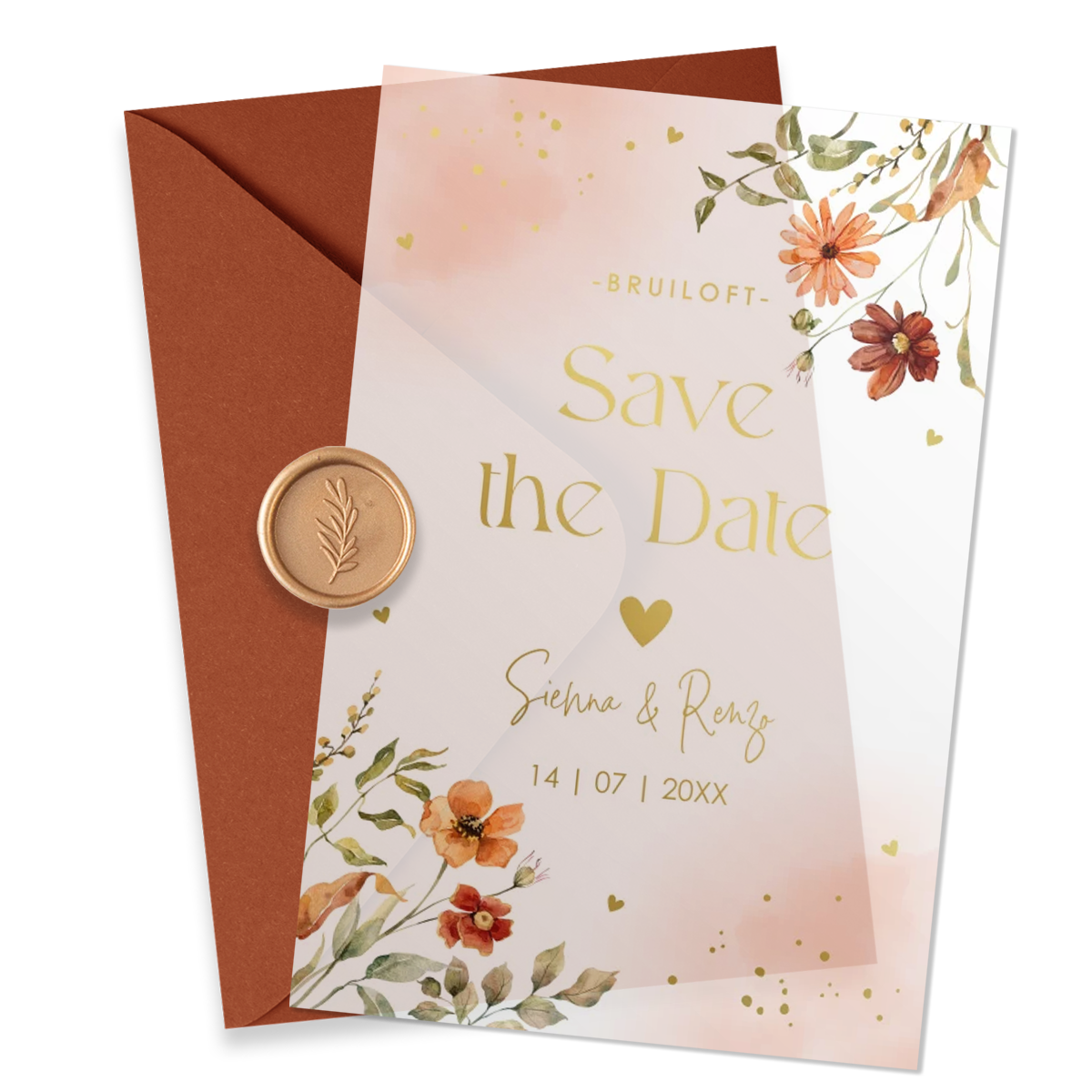 Save the Date kaart kalkpapier bloemen pasteloranje goudfolie