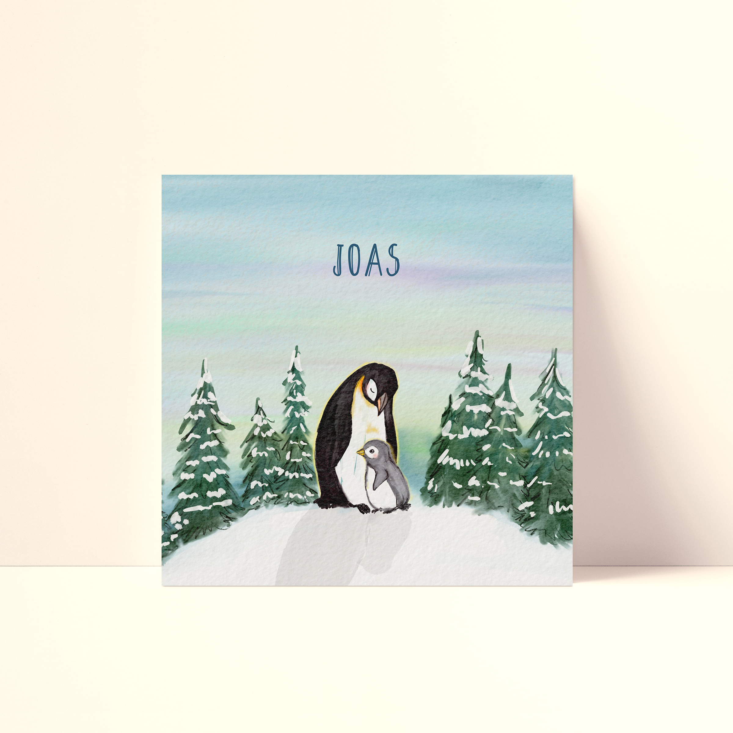 Geboortekaartje met pinguïns in winterlandschap