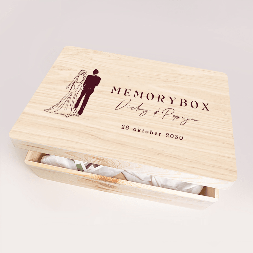 Memorybox huwelijk in roze met illustratie van bruidspaar