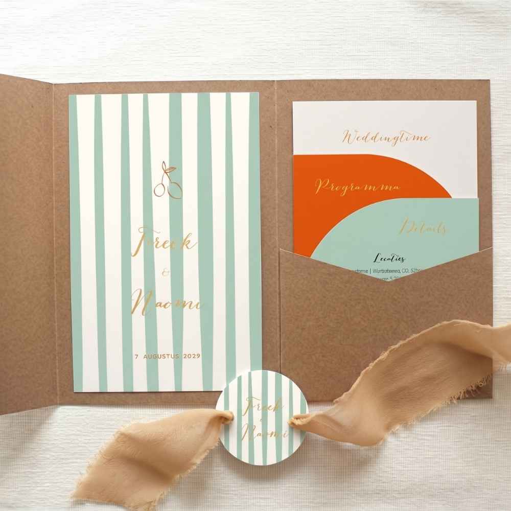 Pocketfold trouwkaarten set kleurrijk citroen oranje groen