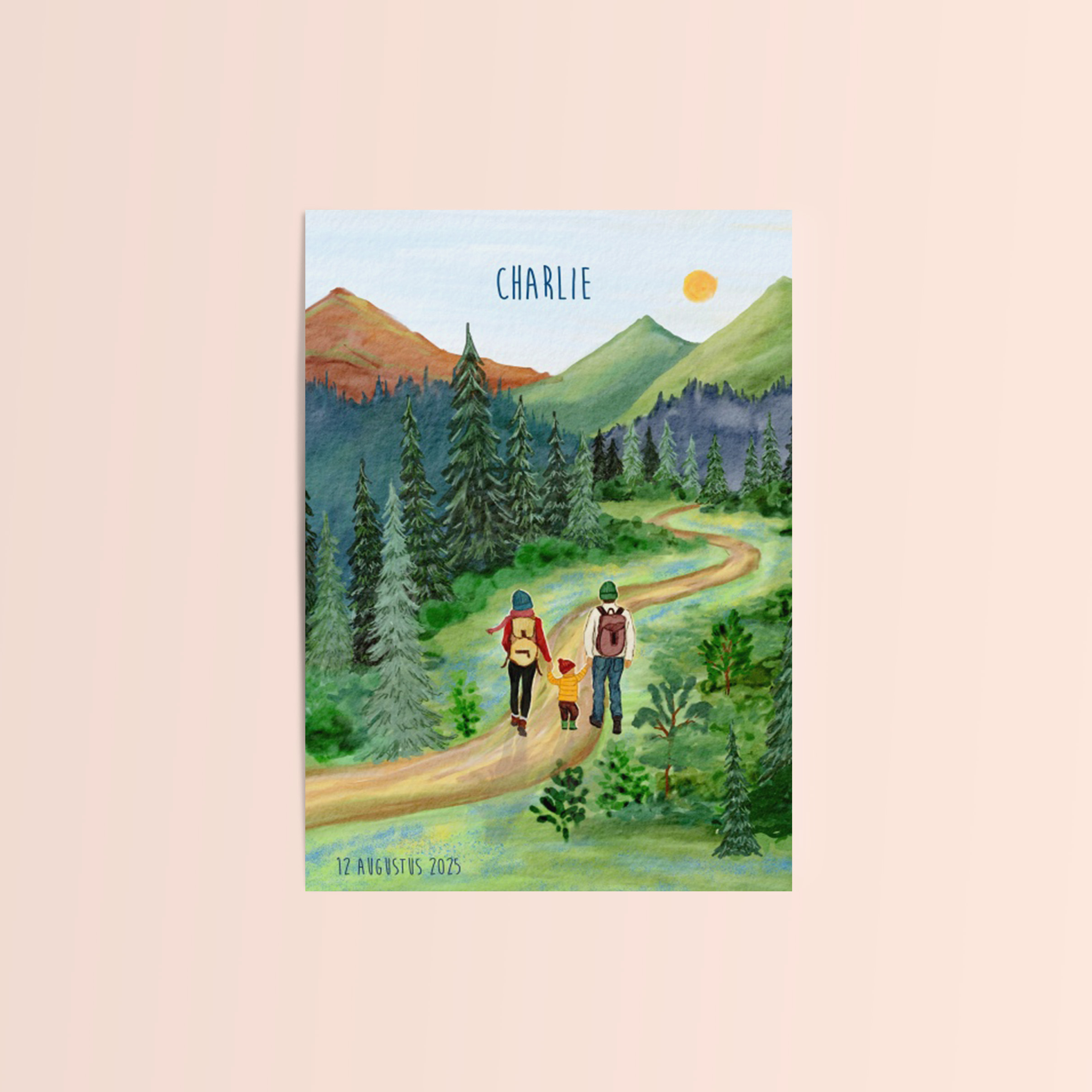 Geboortekaartje met gezin in groen bosrijk landschap