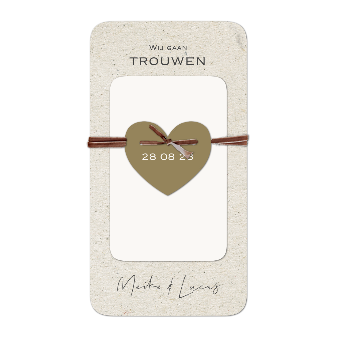 Stijlvolle 3-delige trouwkaart kraft-look los hartje en foto