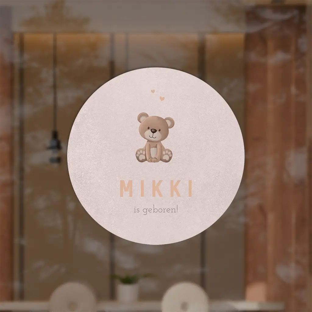 Raamsticker rond roze met teddybeer en hartjes