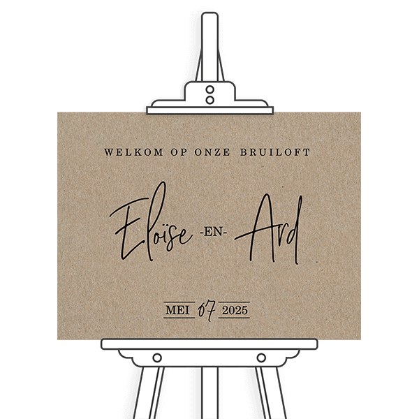 Bijzonder welkomstbord bruiloft in kraftlook