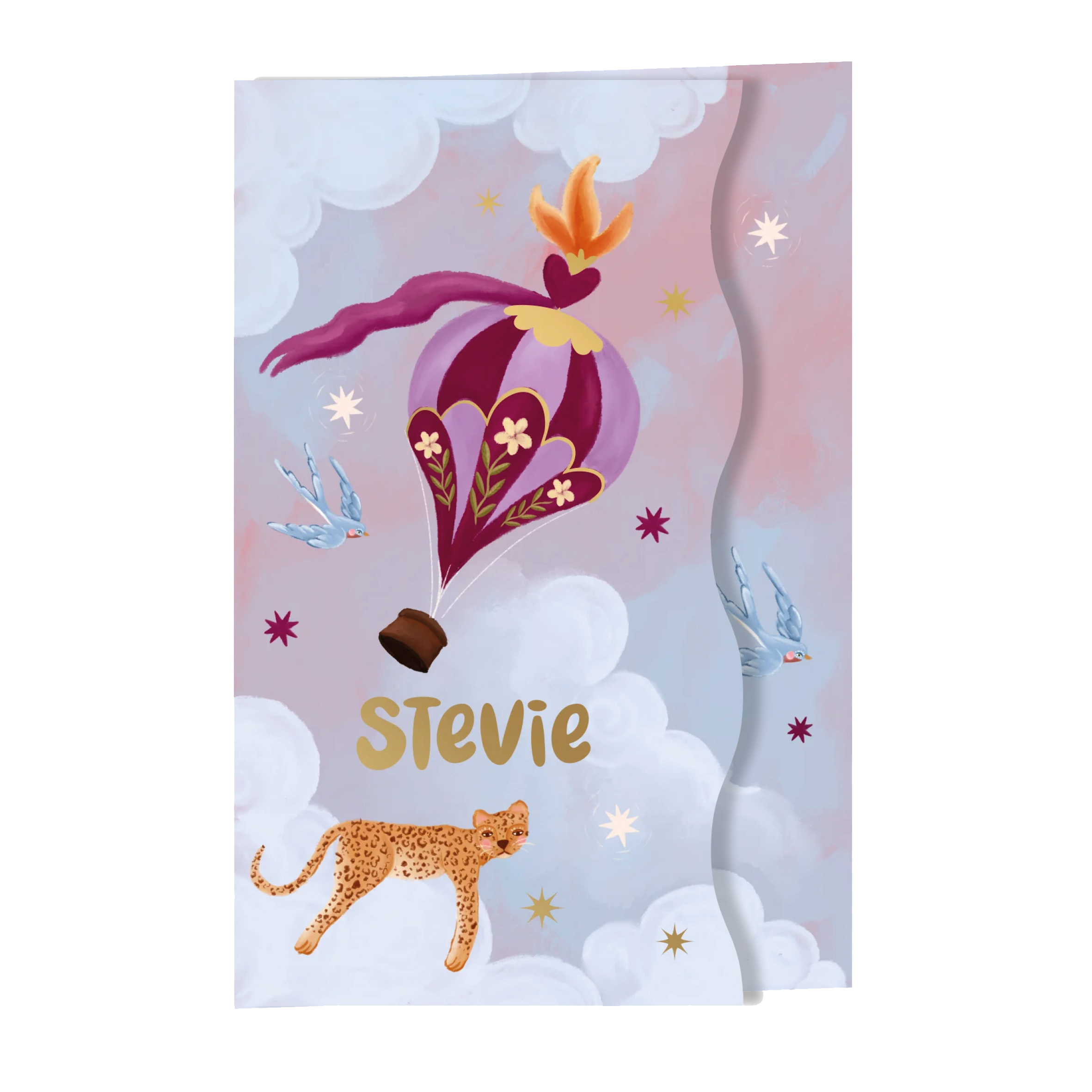 Geboortekaartje luipaard en luchtballon lila