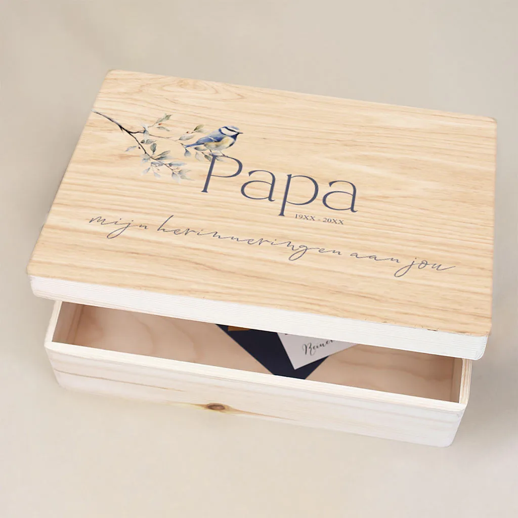 Houten herinneringskist papa overlijden met vogel op tak