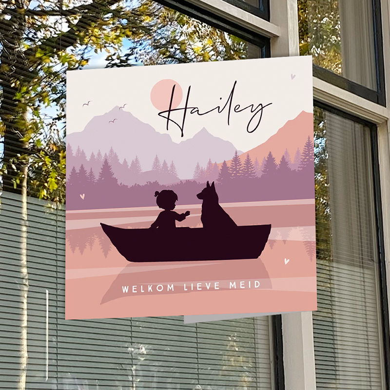 Silhouet geboortebord met meisje en hond in bootje