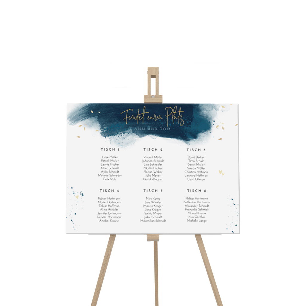 Sitzplan-Schild mit Goldfarbe und blauen Pinselstrichen