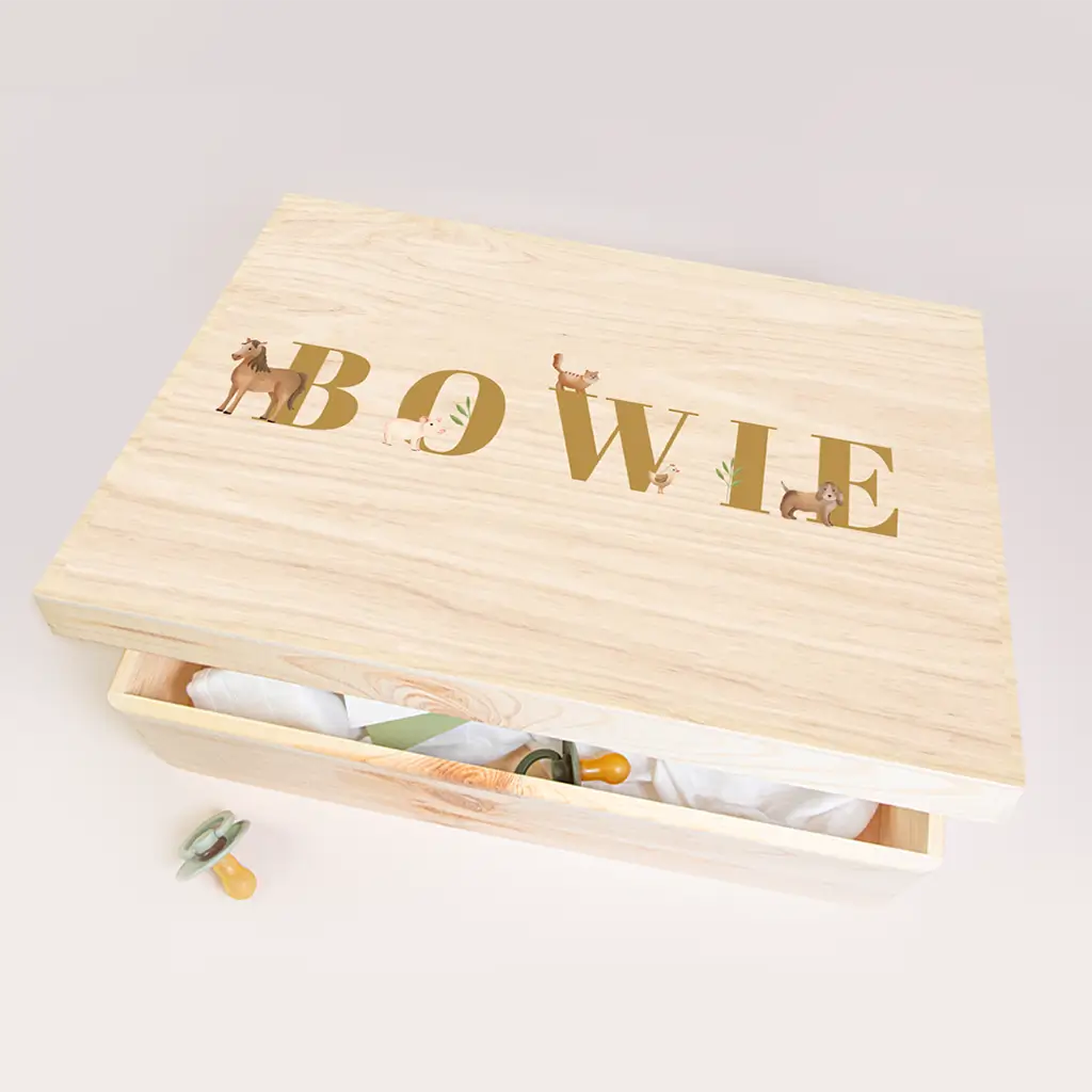 Memorybox met naam en boerderijdieren