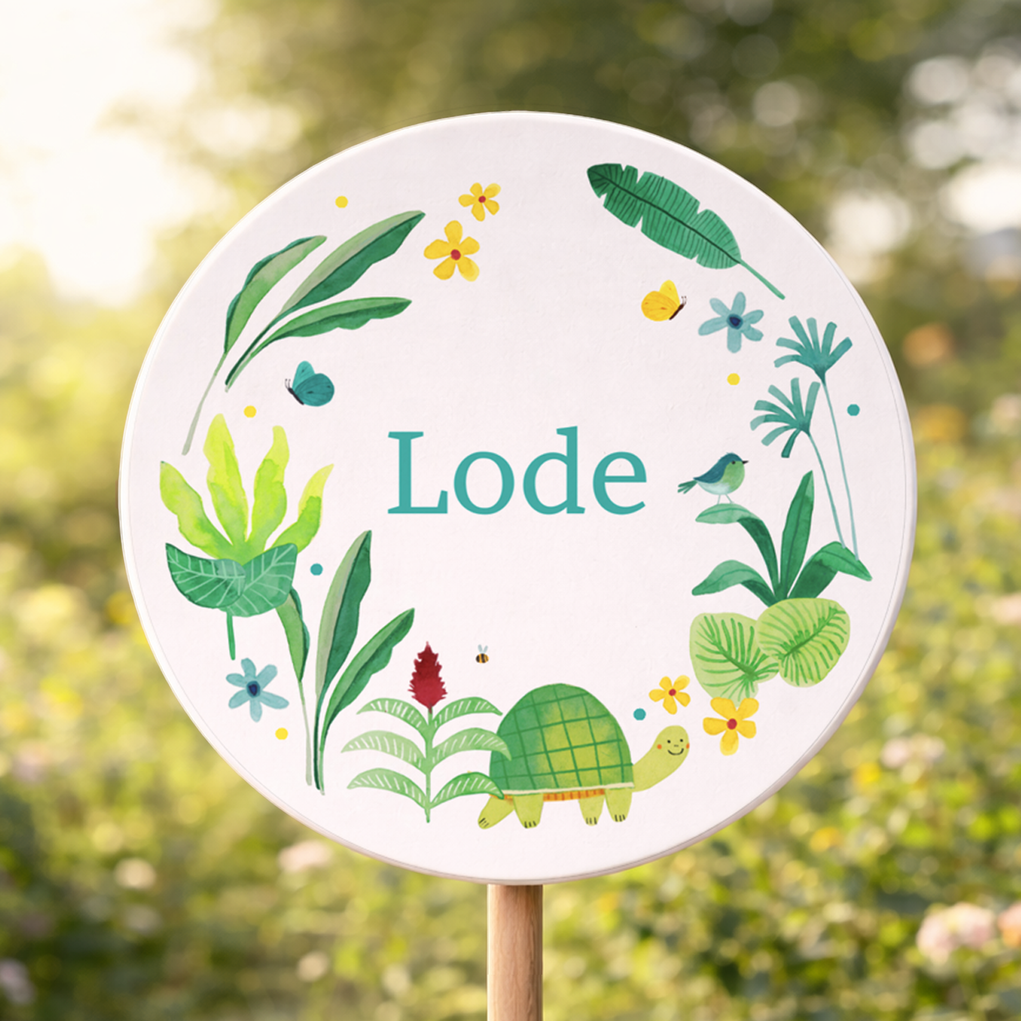 Rond tuinbord 'Lode' | Jungle thema met bloemen en schildpad
