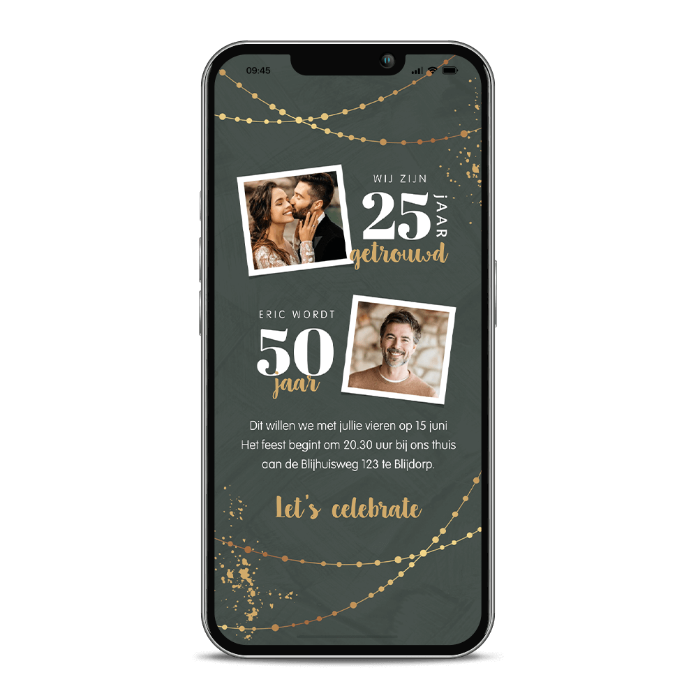 Digitale uitnodiging dubbel feest met slingers en eigen foto