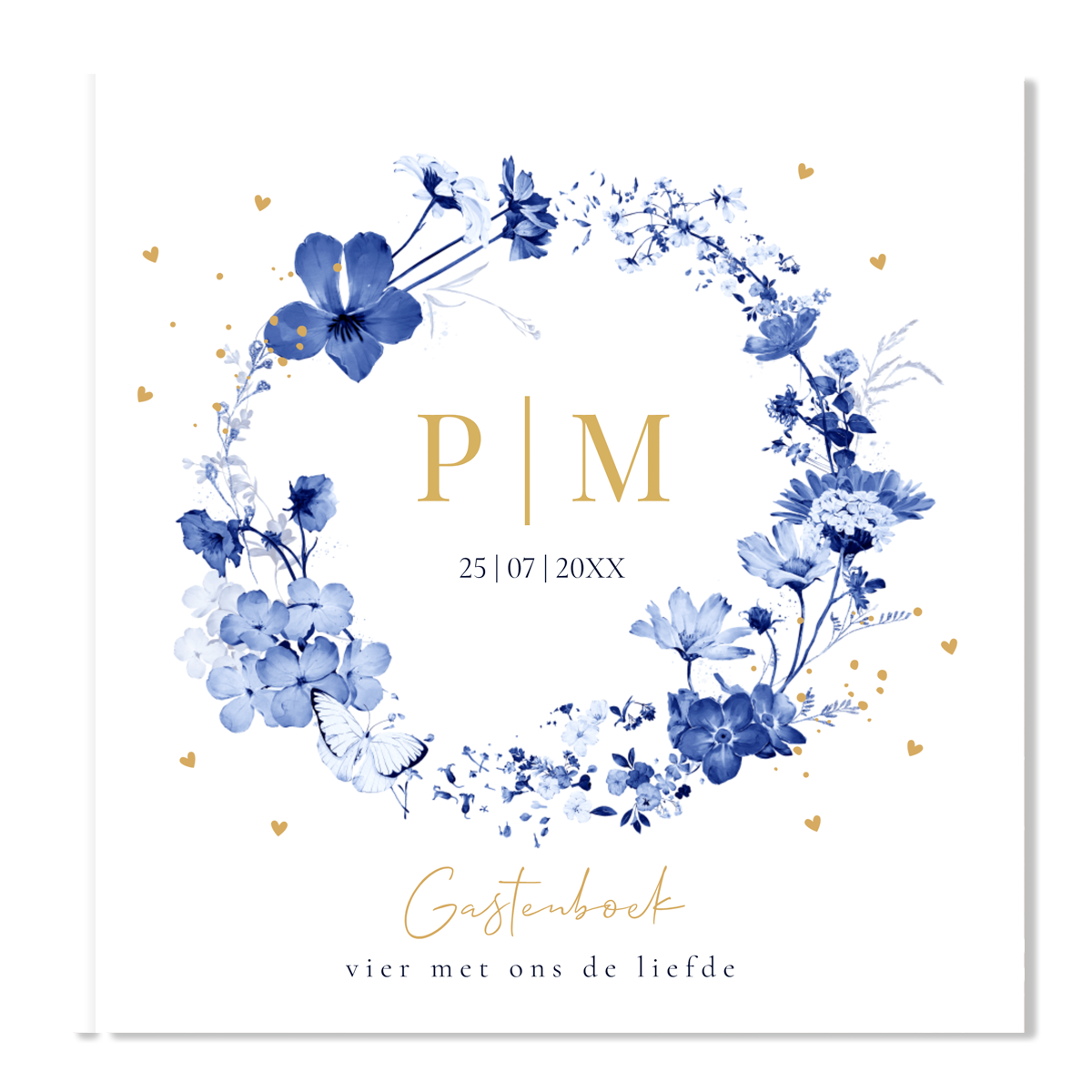 Gastenboek huwelijk wit met bloemenkrans blauw