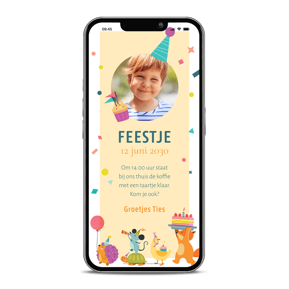 Kinderverjaardag uitnodiging digitaal met confetti, dieren en foto