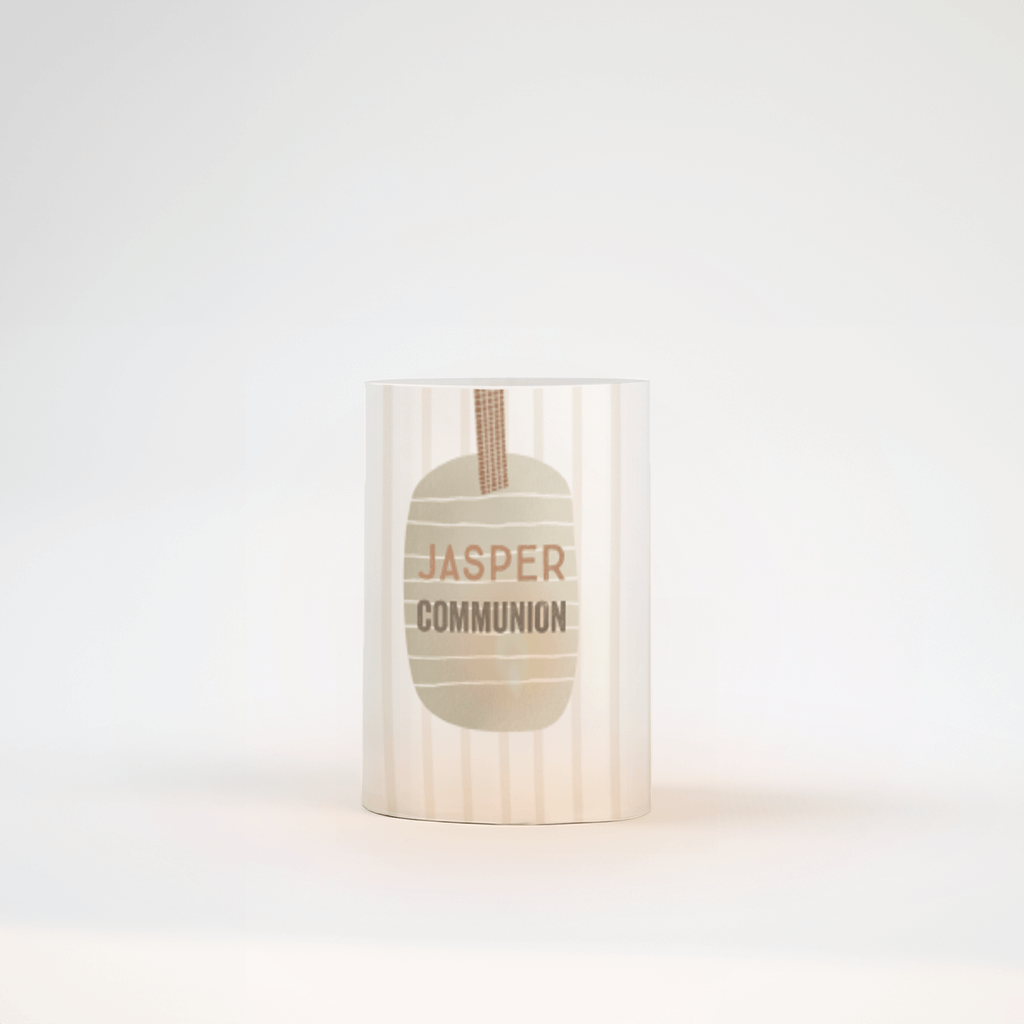 Photophore communion avec motif à rayures, prénom et feuilles