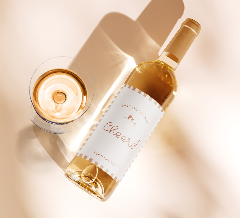 Zwangerschapsaankondiging wijnetiket met ruitjes en ooievaar