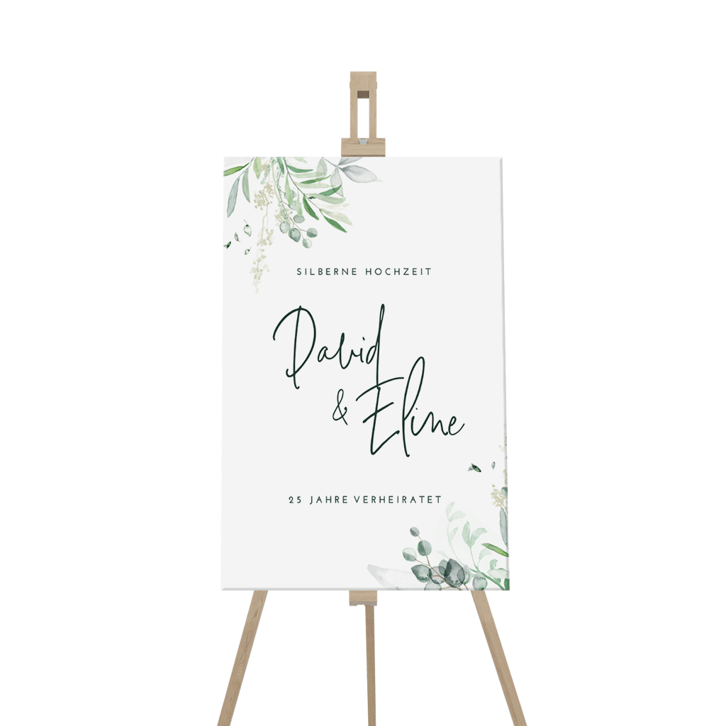 Botanisches Willkommensschild zur Silberhochzeit mit Eukalyptuszweigen