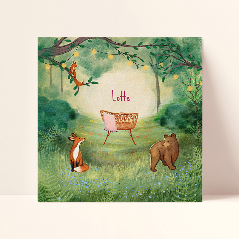Geboortekaartje met bosdieren en roze wiegje