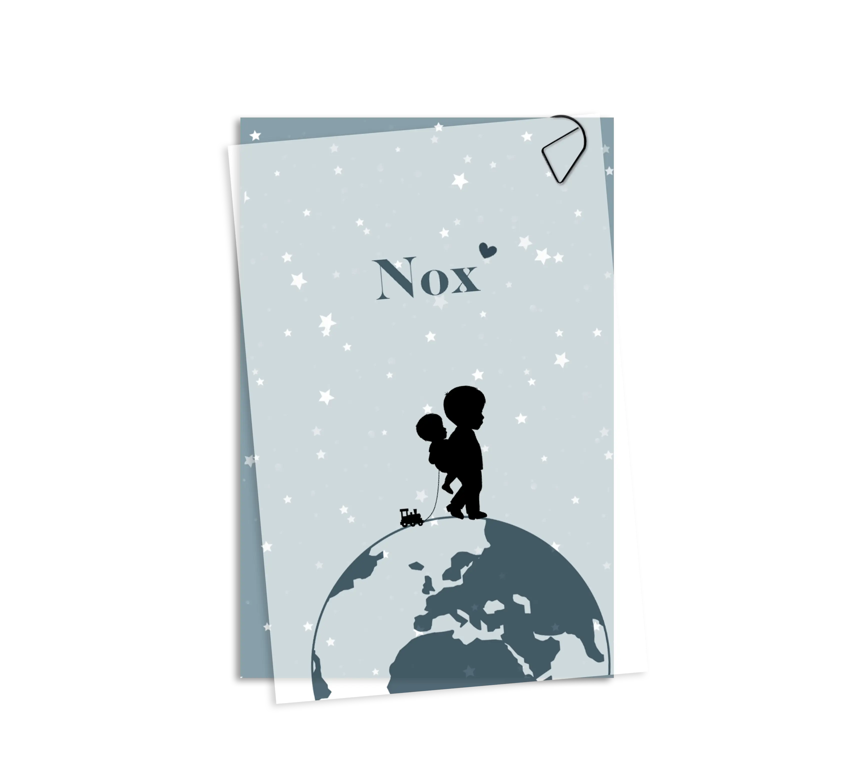 Kalkpapier geboortekaartje blauw silhouetjes broertjes op wereldbol