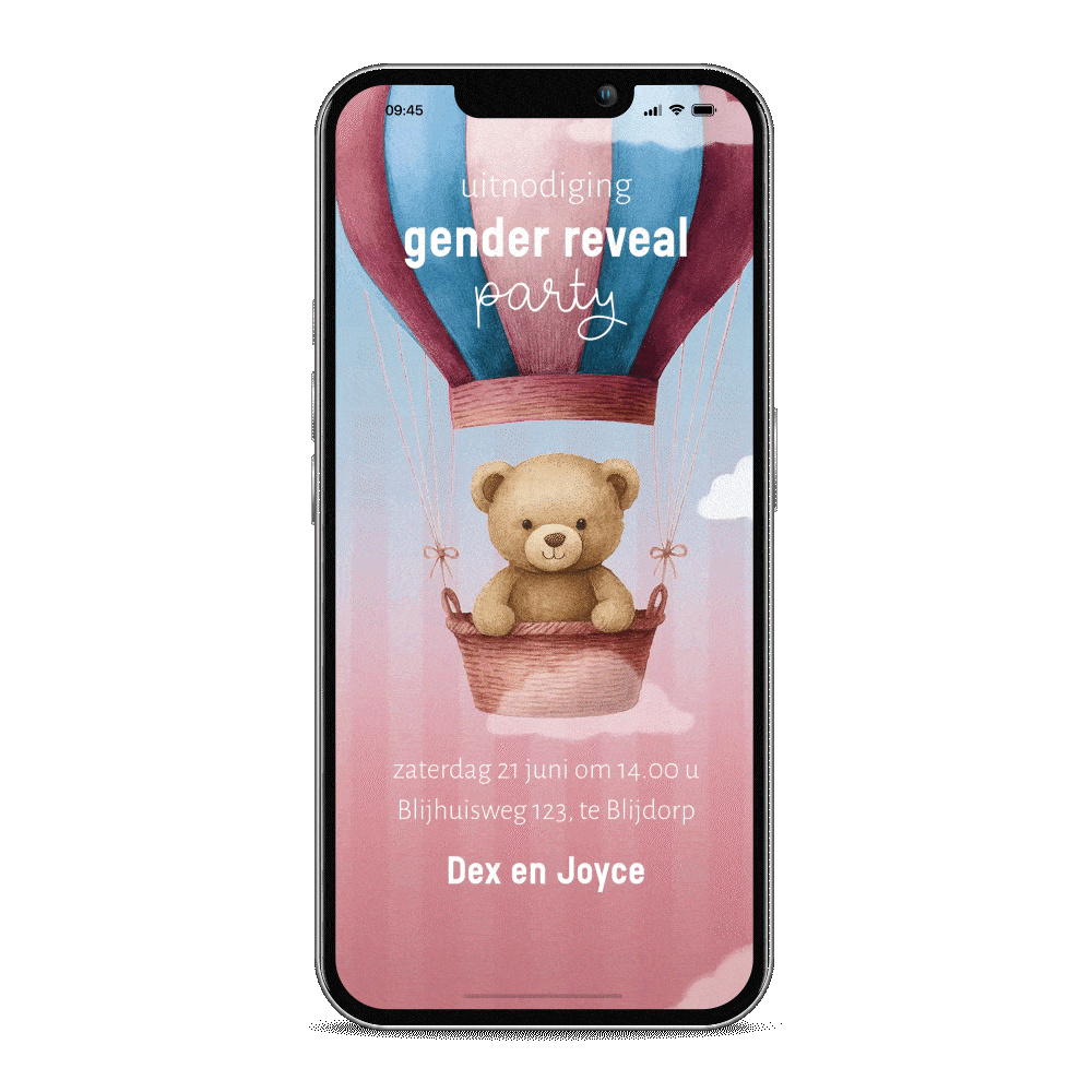 Bewegende uitnodiging gender reveal met beertje in luchtballon