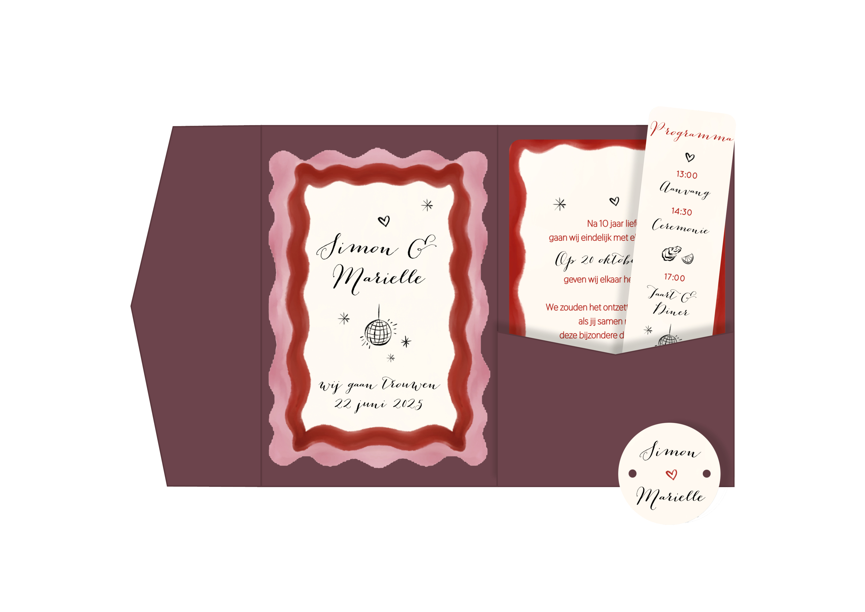 Trouwkaart pocketfold rood roze