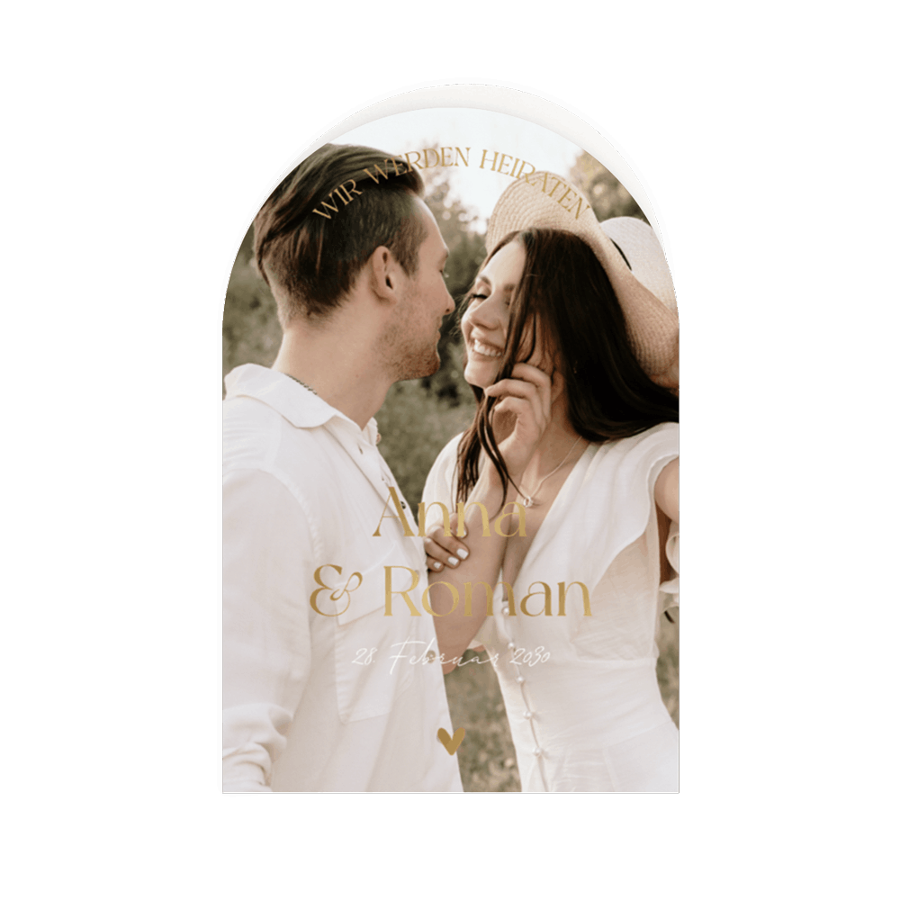 Hochzeitskarte in Bogenform mit Foto und Mattgoldfolie