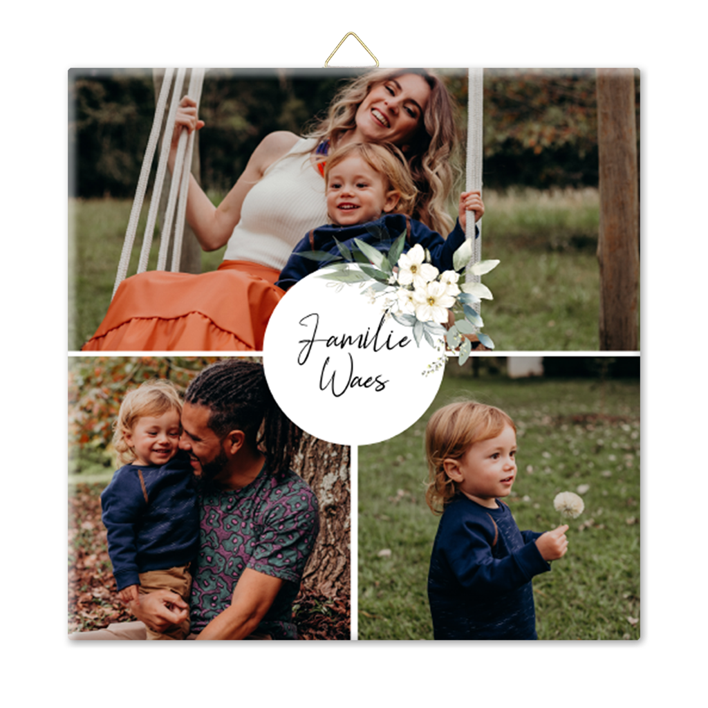 Fototegeltje met drie foto's en bloemendecoratie