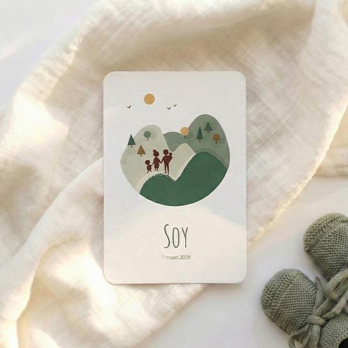 Geboortekaartje bergen silhouet gezin broertjes DIY