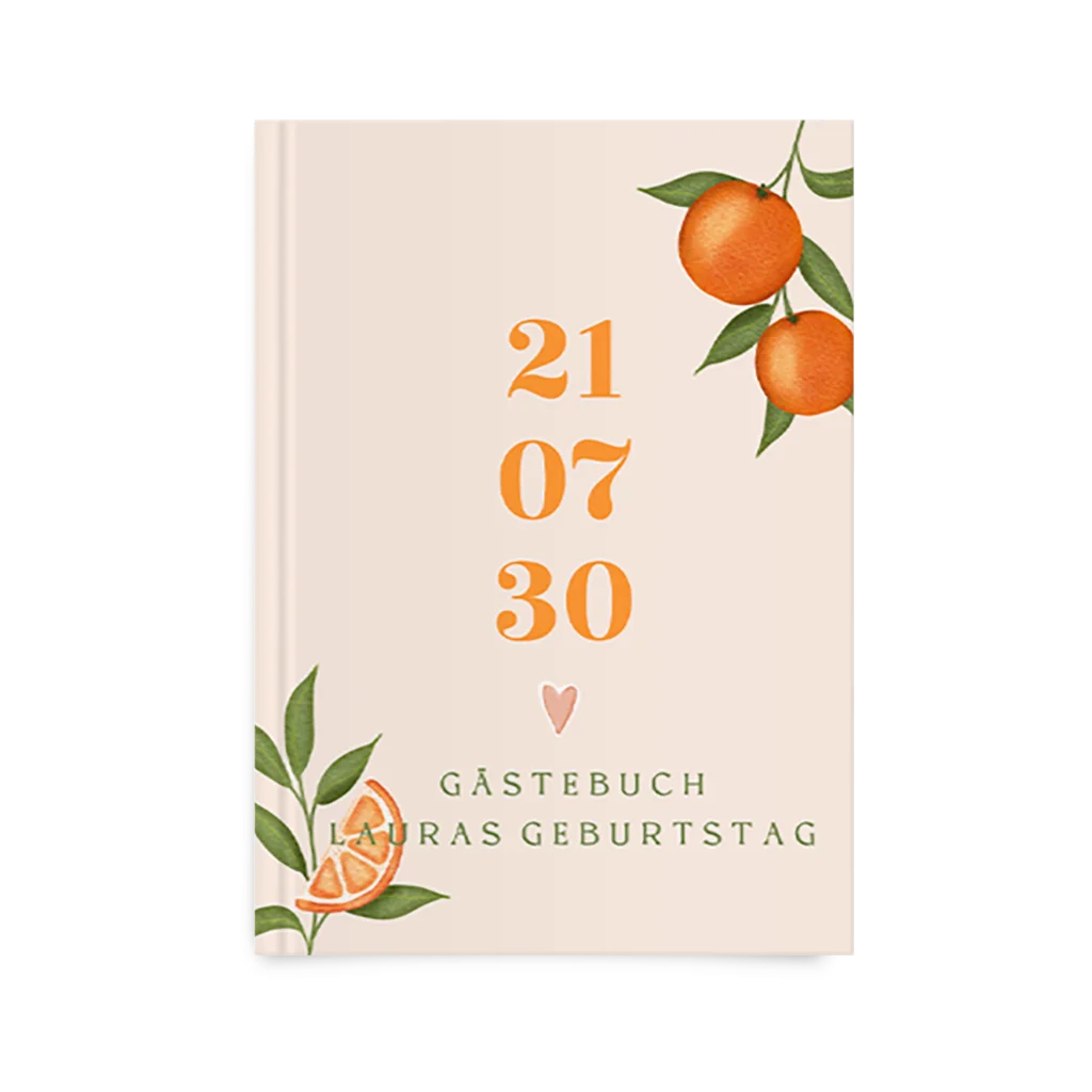 Gästebuch zum Geburtstag in blassem Orange mit Orangenzweigen und Herz