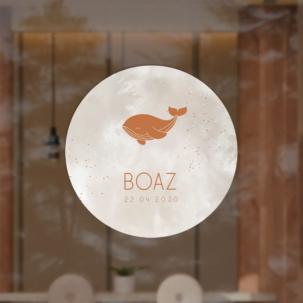 Watercolour raamsticker met walvis en stipjes