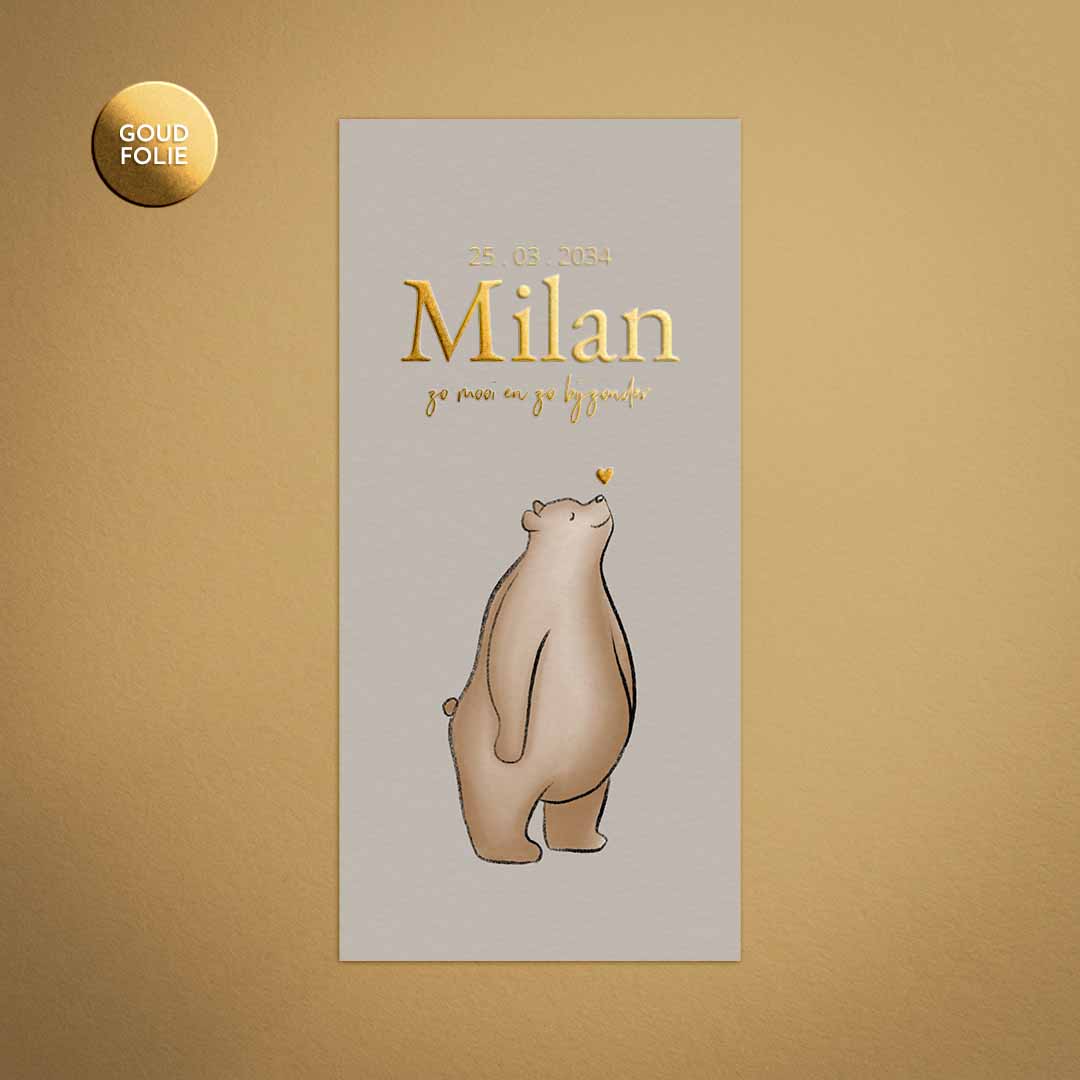 Geboortekaartje voor een jongen met beer en goudfolie