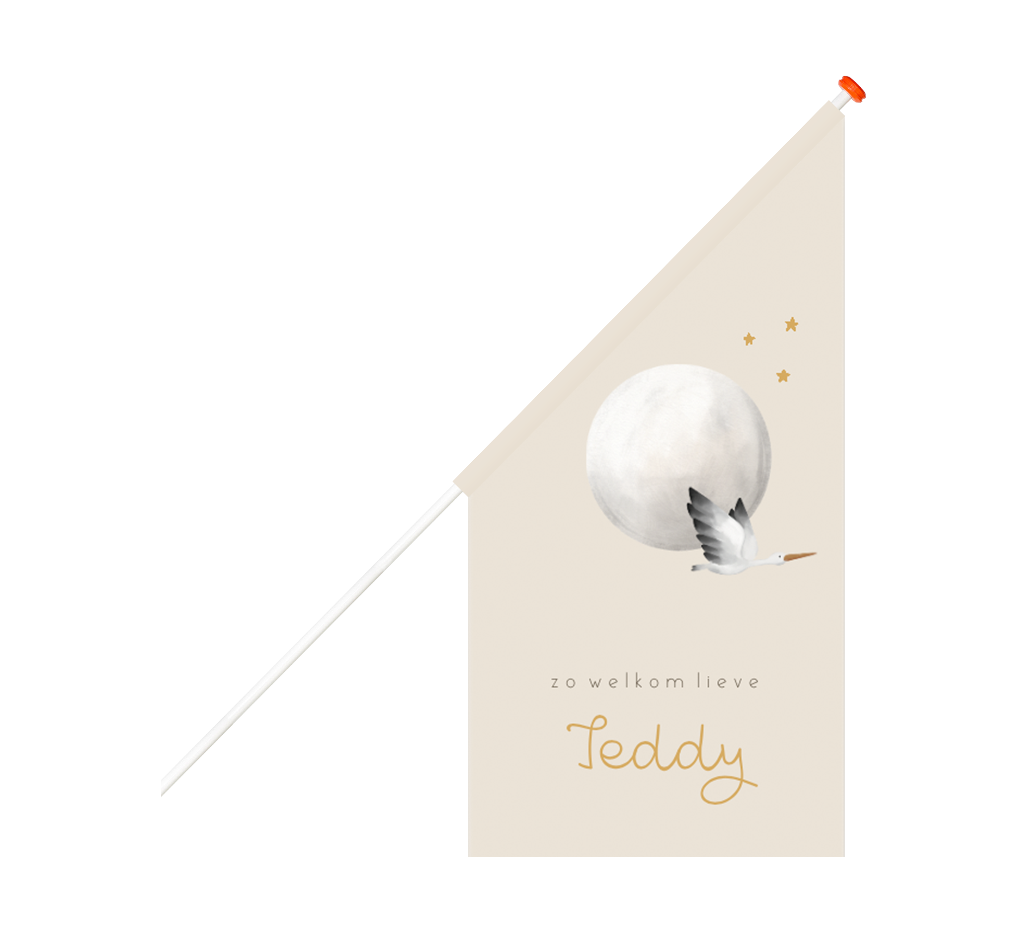 Beige geboortevlag met maan, ooievaar en sterren