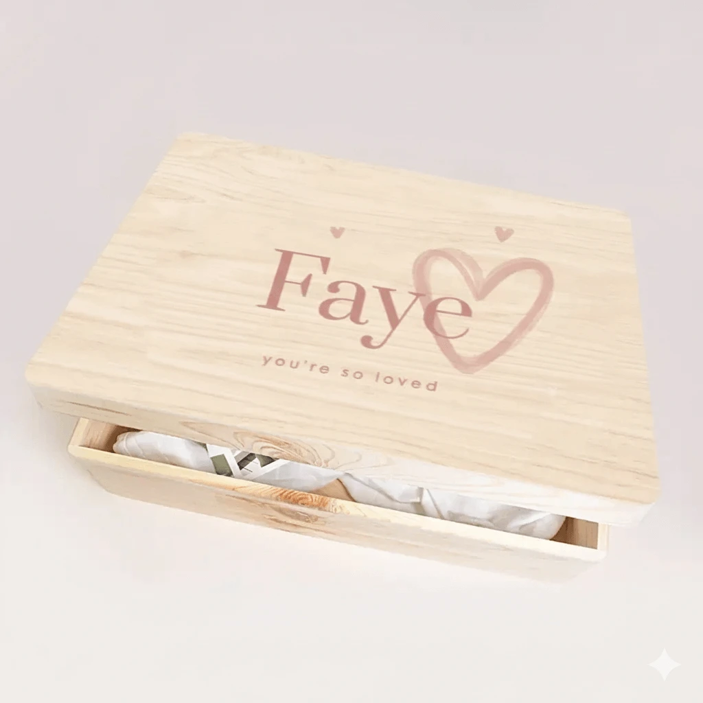 Memorybox met naam en hartjes
