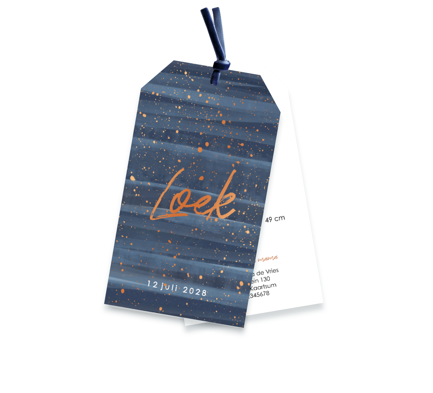 Blauw label geboortekaartje met hoogglans spetters