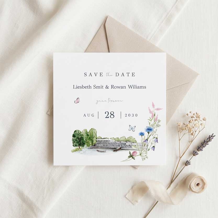 Save the date met veldbloemen, vlinders en trouwlocatie Lommerrijk