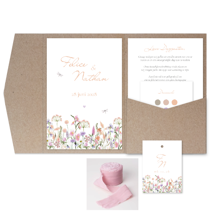 trouwkaart pocketfold veldbloemen lila perzik roze libelle