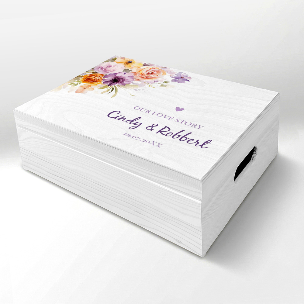 Bruiloft memorybox hout bloemen paars