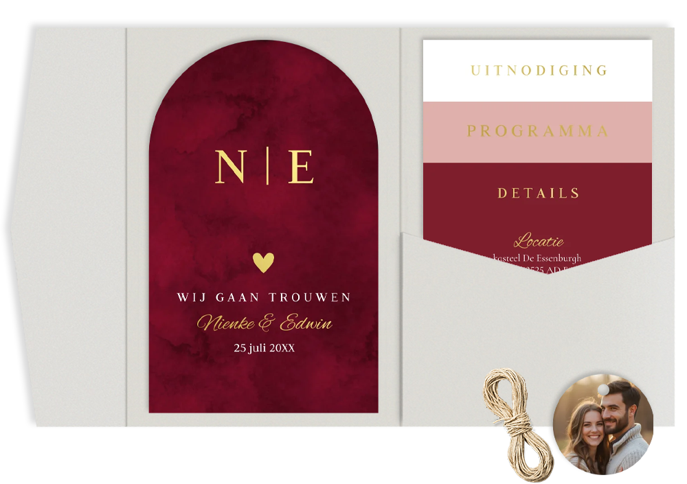 Pocketfold trouwkaart rood met goudfolie