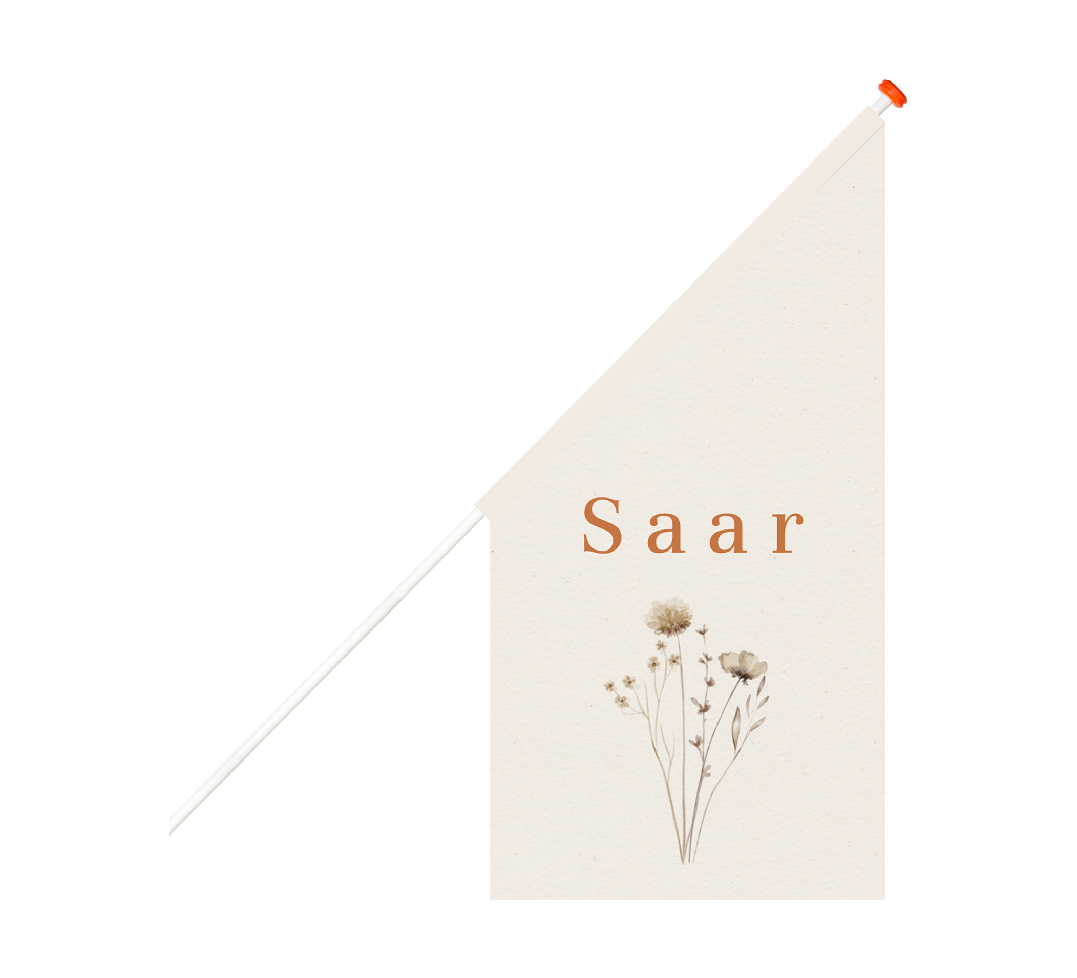 Neutrale geboortevlag met naam en droogbloemen