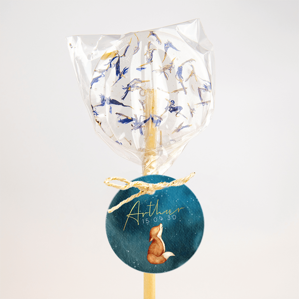 Blauw labeltje met vosje en naam in goudfolie - 16 stuks