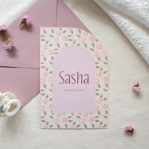 Geboortekaartje meisje roosjes blaadjes patroon