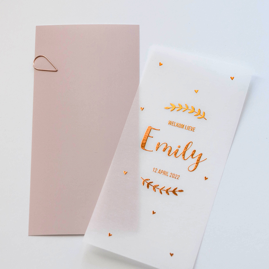 Geboortekaartje kalkpapier achterkaart roze rosefolie