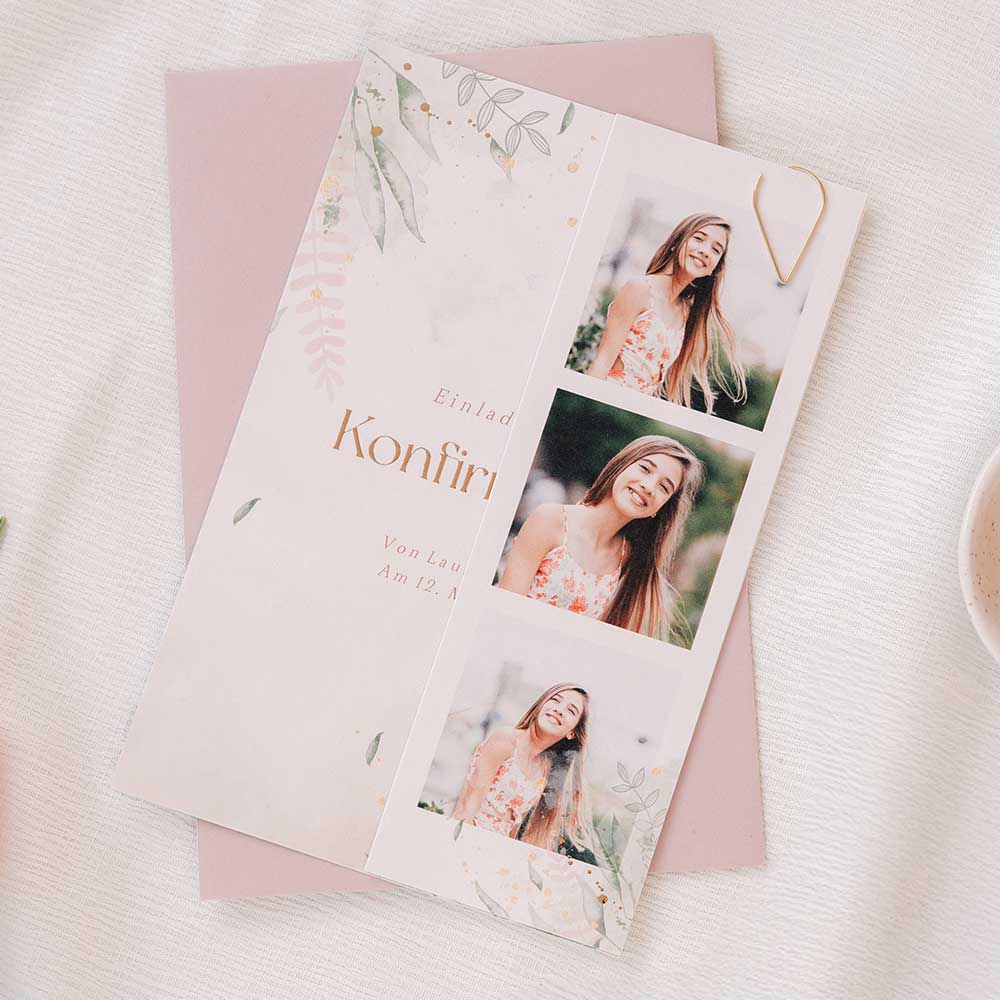Stilvolle Einladung zur Kommunion mit Zweigen und Fotostreifen