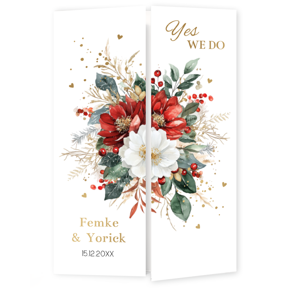Drieluik trouwkaart kerst bloemen rood winter wedding