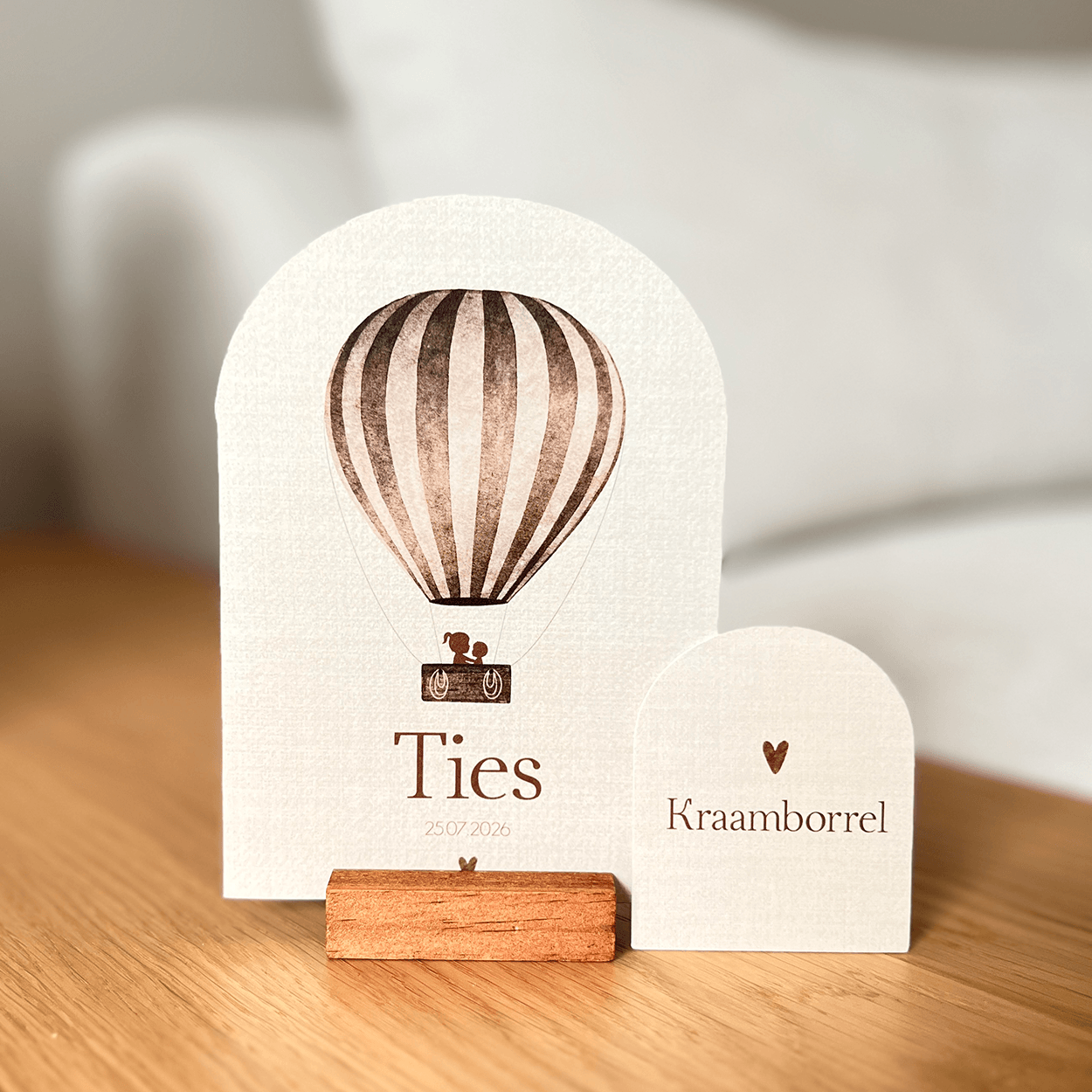 Geboortekaartje jongen Boogkaart Luchtballon Teddybeer Linnenlook