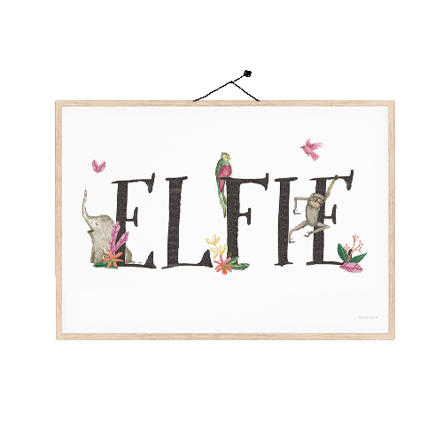 Naamposter met jungledieren en roze oranje plantjes