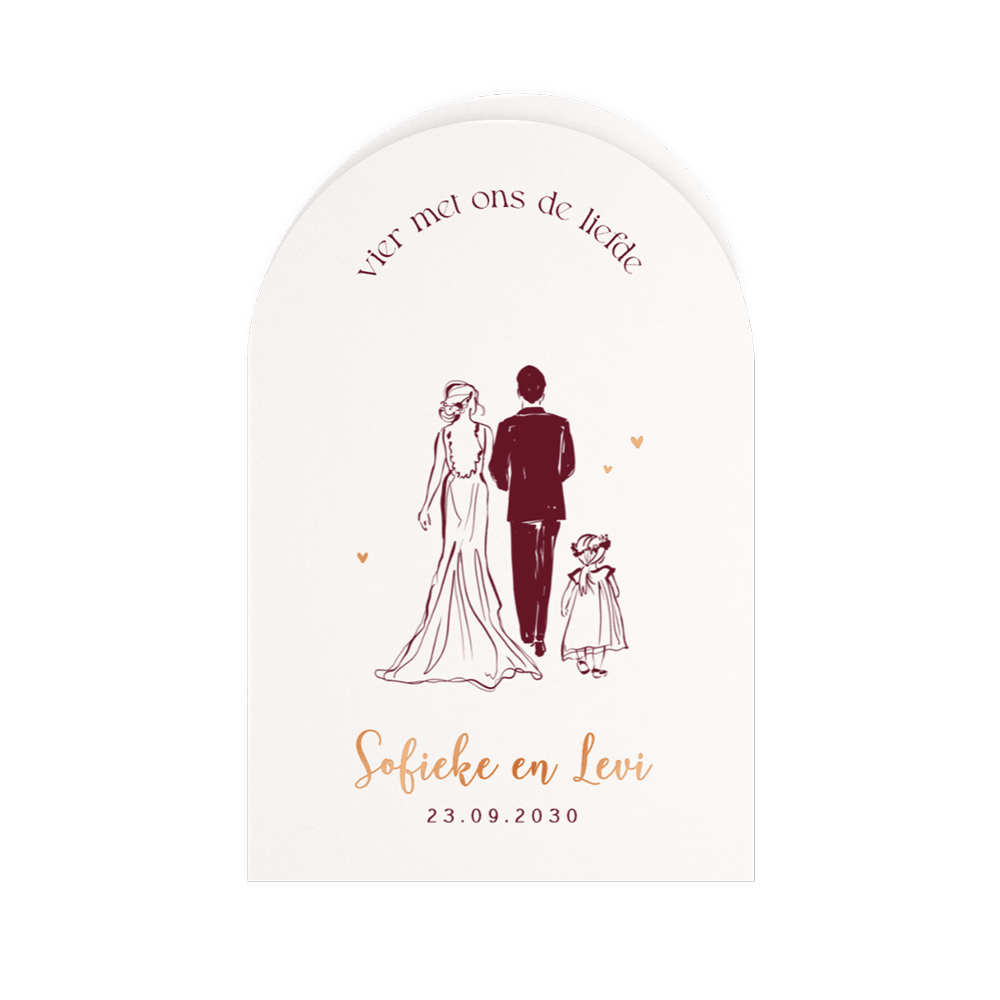 Trouwkaart in boogvorm met inkttekening van bruidspaar en koperfolie