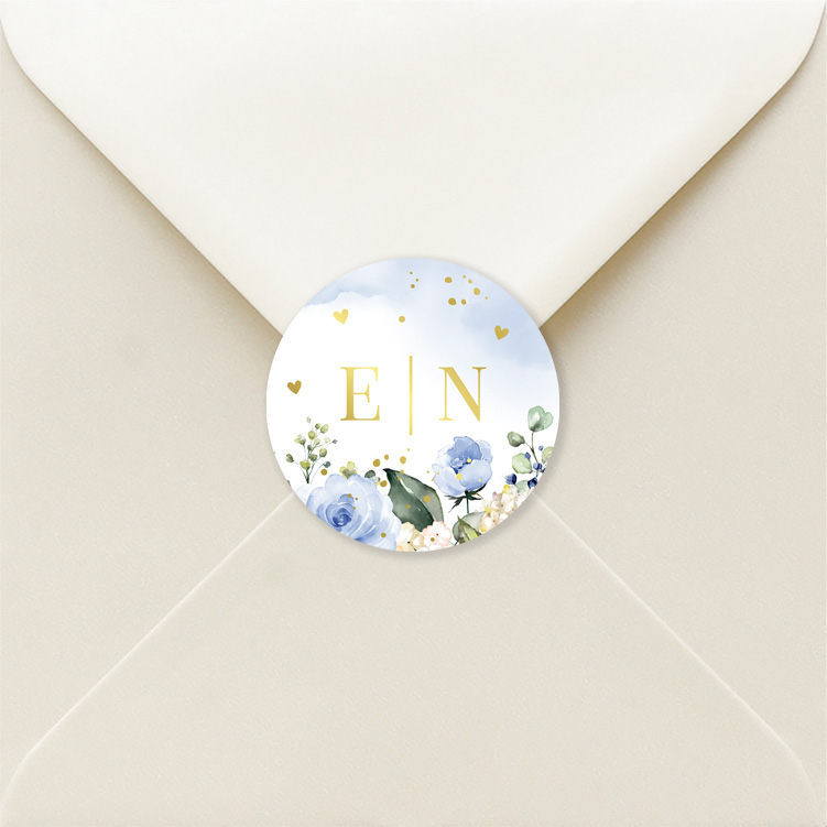 Sluitzegels huwelijk bloemen blauw rozen goudfolie