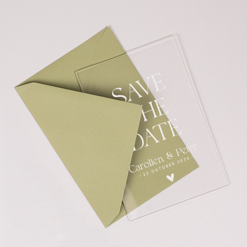 Acryl Save the Date Karte mit Datum und Herzchen