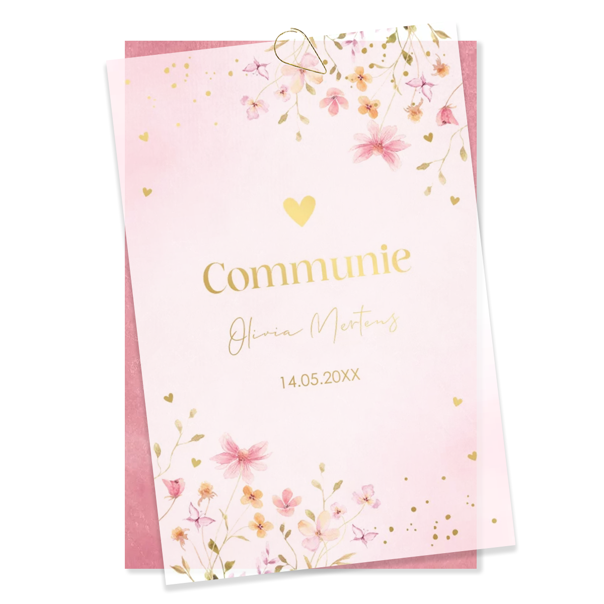Kaart 1: communie uitnodiging kalkpapier bloemen roze goudfolie